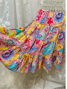 Lauren Ralph Lauren Linen Tiered Skirt Midi Size P/P Vibrant Multi Color Paisley